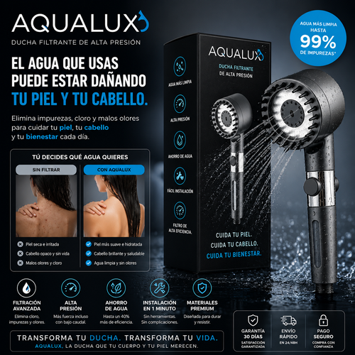 AquaLux™ Porque tu piel y tu cabello merecen un agua mejor.